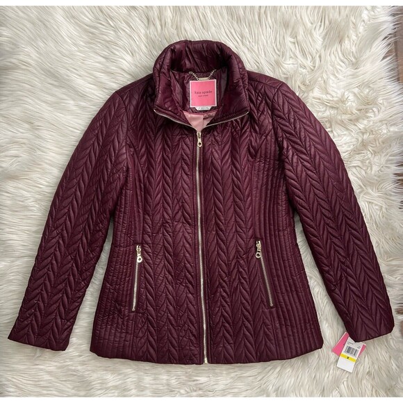 Kate Spade Burgundy Maroon Quilt Puffer Jacket Hidden Hood Collar Packable SZ M - Picture 1 of 12